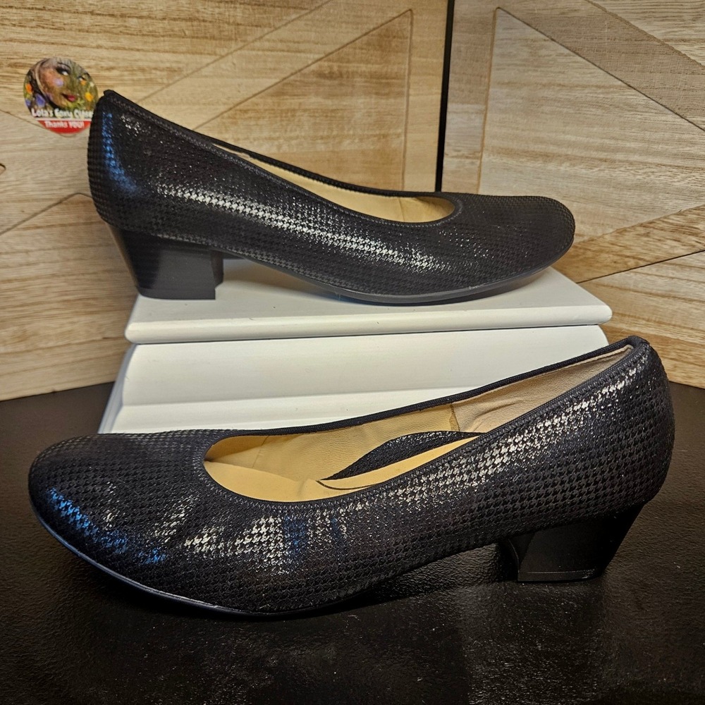 Ara Block Heel Pumps Black Houndstooth Shimmer Sz 7.5‎ HighSoft Elegant #676